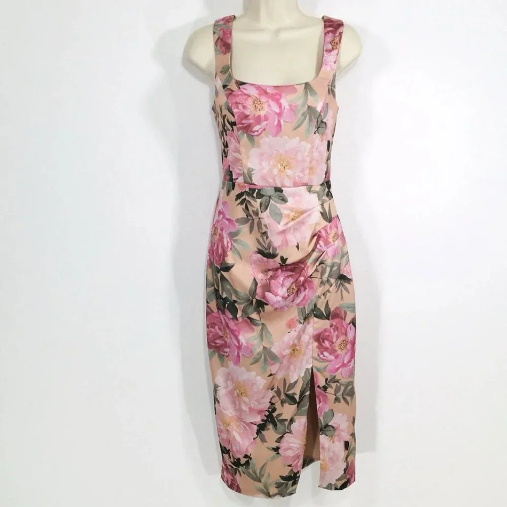 Premier Amour Satin Floral Dress Sz 2 Faux Wrap Front Slit Romantic Fairy Whimsy